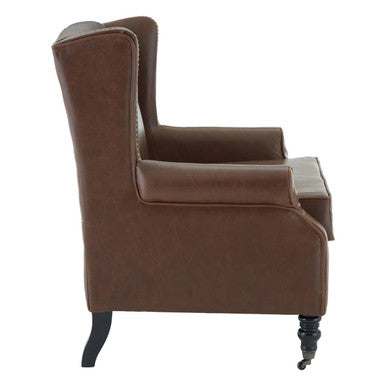 Fulham Brown Faux Leather Wingback Armchair with Gold Stud Detail