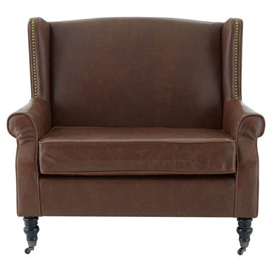 Fulham Brown Faux Leather Wingback Armchair with Gold Stud Detail