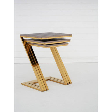 Gold Finish Z Leg Nest of 3 Tables with Metallic Faux Snakeskin, Pacific