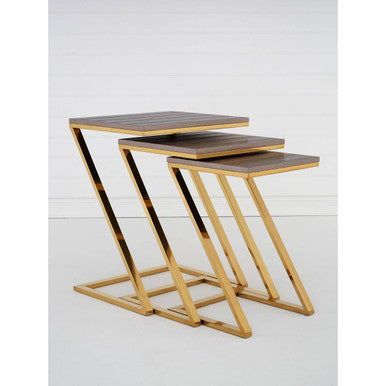 Gold Finish Z Leg Nest of 3 Tables with Metallic Faux Snakeskin, Pacific