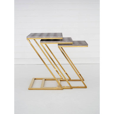 Gold Finish Z Leg Nest of 3 Tables with Metallic Faux Snakeskin, Pacific