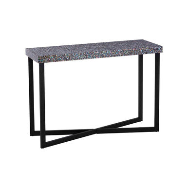 Crackle Shell Mosaic Console Table Rectangular Top Black Metal Frame, Fusion