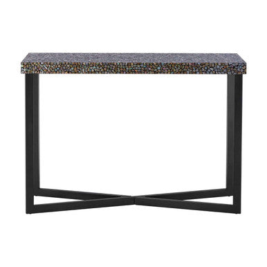 Crackle Shell Mosaic Console Table Rectangular Top Black Metal Frame, Fusion
