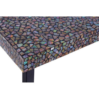 Crackle Shell Mosaic Console Table Rectangular Top Black Metal Frame, Fusion