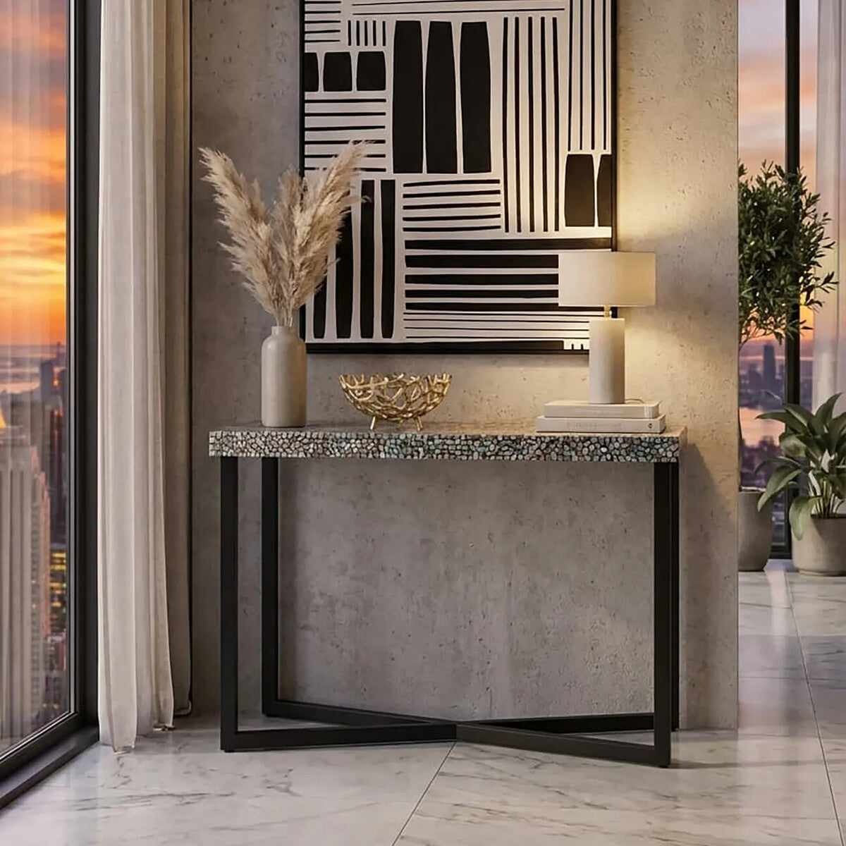Crackle Shell Mosaic Console Table Rectangular Top Black Metal Frame, Fusion