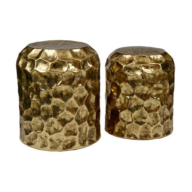 Textured Antique Brown Brass Finish Metal Set of 2 Drum Side Tables, Templar