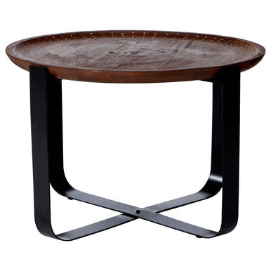 Brown Mango Wood Top Round Side Table with Black X Shape Metal Base, Templar