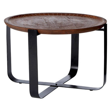 Brown Mango Wood Top Round Side Table with Black X Shape Metal Base, Templar