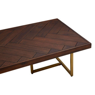 Brown Herringbone Wood Effect Coffee Table in Rich Acacia Tones with Brass Legs, Brando