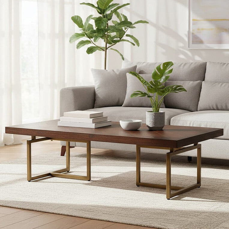 Brown Herringbone Wood Effect Coffee Table in Rich Acacia Tones with Brass Legs, Brando