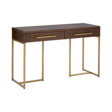 Brown Acacia Wood Veneer Console Table with 2 Drawers and Antique Brass Metal Frame and Handles, Brando