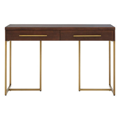 Brown Acacia Wood Veneer Console Table with 2 Drawers and Antique Brass Metal Frame and Handles, Brando
