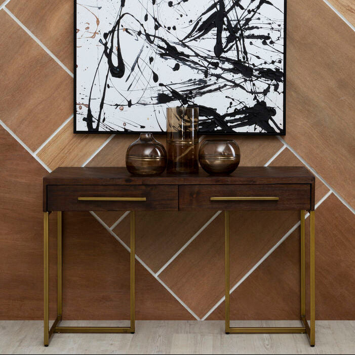 Brown Acacia Wood Veneer Console Table with 2 Drawers and Antique Brass Metal Frame and Handles, Brando
