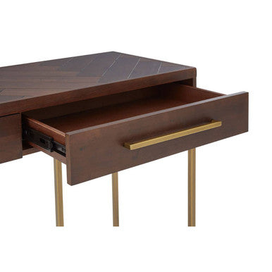 Brown Acacia Wood Veneer Console Table with 2 Drawers and Antique Brass Metal Frame and Handles, Brando
