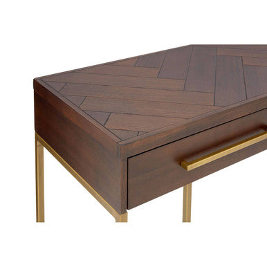 Brown Acacia Wood Veneer Console Table with 2 Drawers and Antique Brass Metal Frame and Handles, Brando