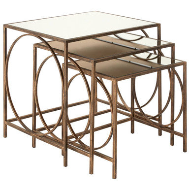 Mirrored Glass Top Nest of 3 Tables with Bronze Finish Metal Frame, Avantis