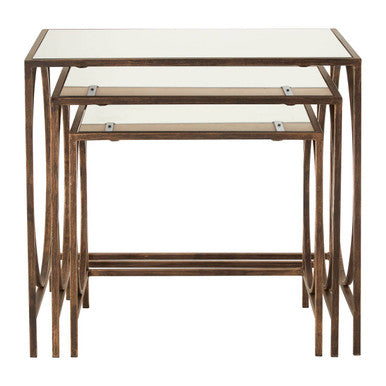 Mirrored Glass Top Nest of 3 Tables with Bronze Finish Metal Frame, Avantis