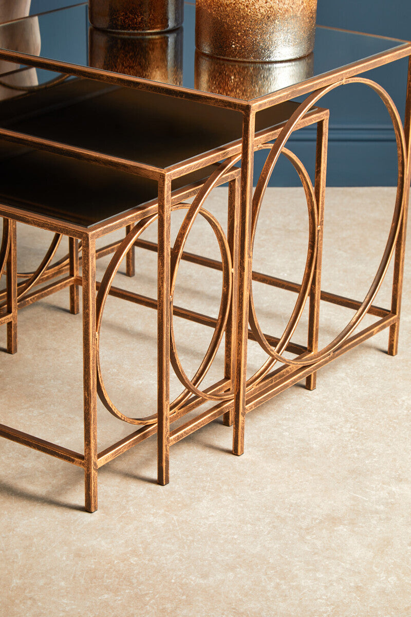 Mirrored Glass Top Nest of 3 Tables with Bronze Finish Metal Frame, Avantis