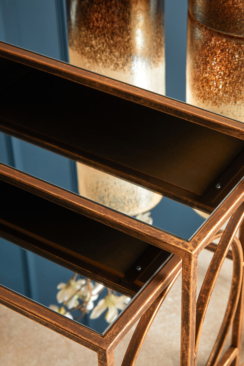 Mirrored Glass Top Nest of 3 Tables with Bronze Finish Metal Frame, Avantis