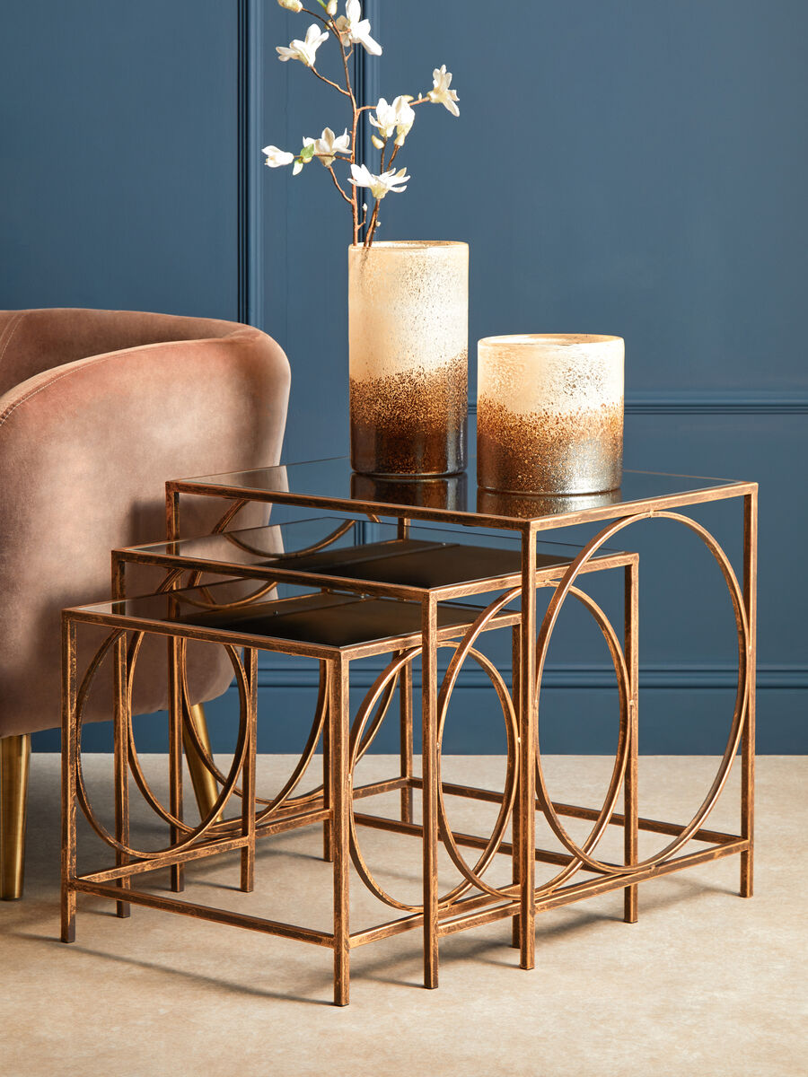 Mirrored Glass Top Nest of 3 Tables with Bronze Finish Metal Frame, Avantis