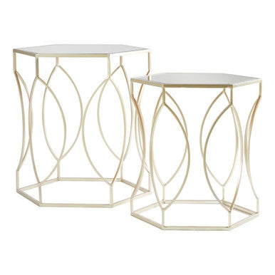 Set of 2 Hexagon Gold Champagne Finish Frame Side Tables with Mirrored Glass Top, Avantis