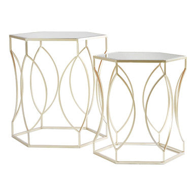 Set of 2 Hexagon Gold Champagne Finish Frame Side Tables with Mirrored Glass Top, Avantis