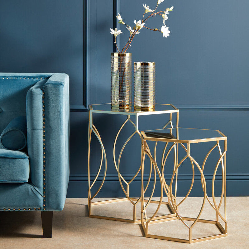 Set of 2 Hexagon Gold Champagne Finish Frame Side Tables with Mirrored Glass Top, Avantis