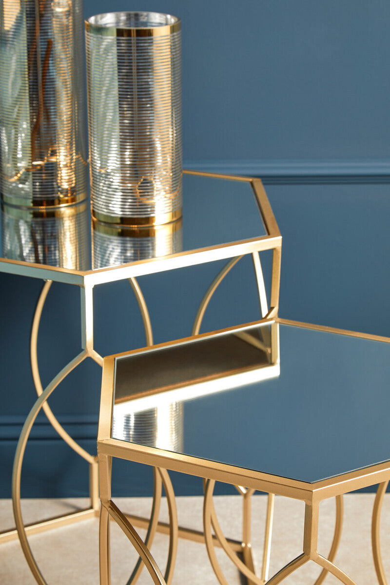 Set of 2 Hexagon Gold Champagne Finish Frame Side Tables with Mirrored Glass Top, Avantis
