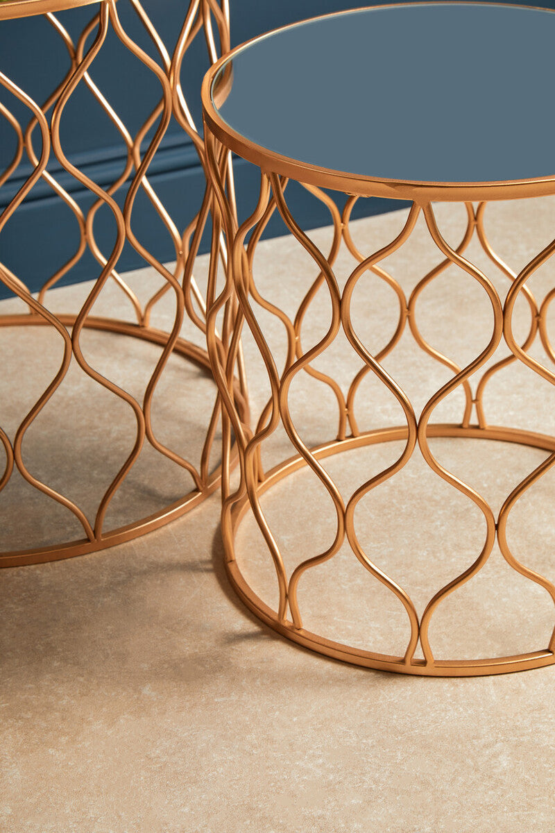 Set of 2 White Mirrored Top and Gold Copper Base Tables, Avantis