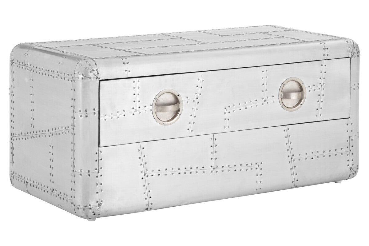 Silver Aluminium Plated Mango Wood Coffee Table with Sliding Storage Drawer, Avro