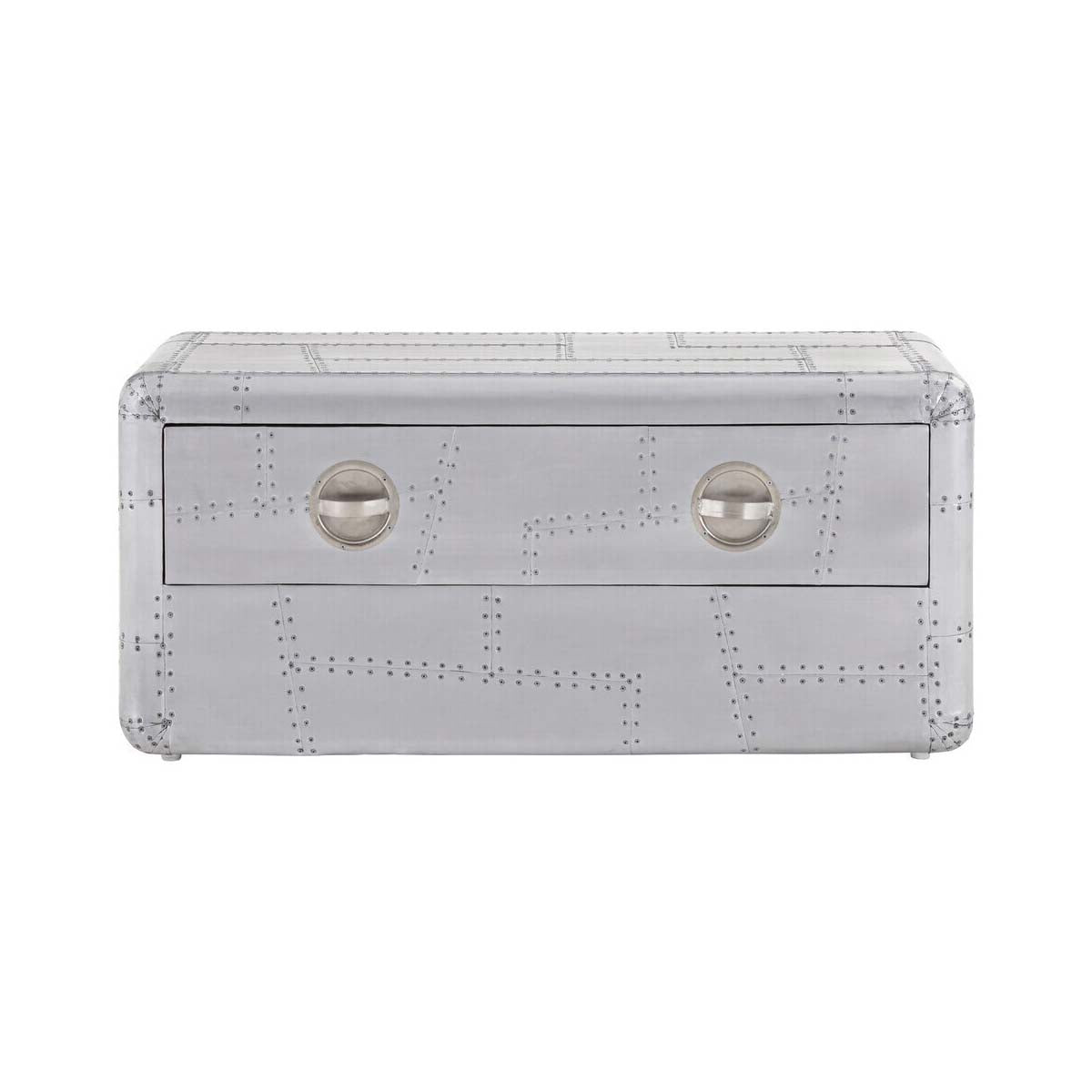 Silver Aluminium Plated Mango Wood Coffee Table with Sliding Storage Drawer, Avro