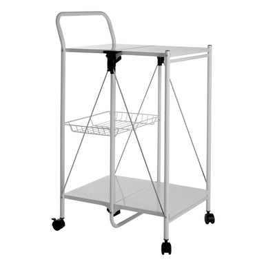 White Rectangular Folding Kitchen Trolley with Storage Basket, Harlow