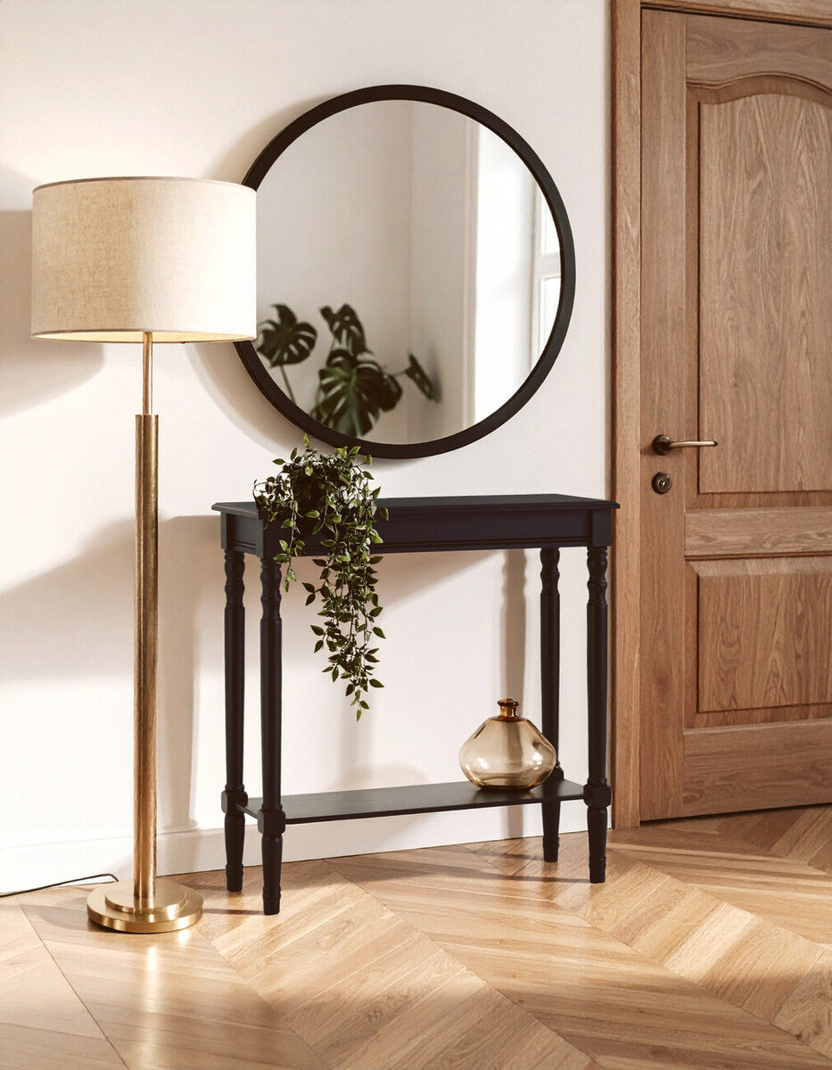 Black Wooden Console Table with Carved Legs and Lower Shelf, Heritage