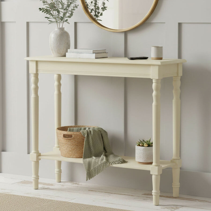 White Pine Wood Ivory Rectangular Console Table, Heritage