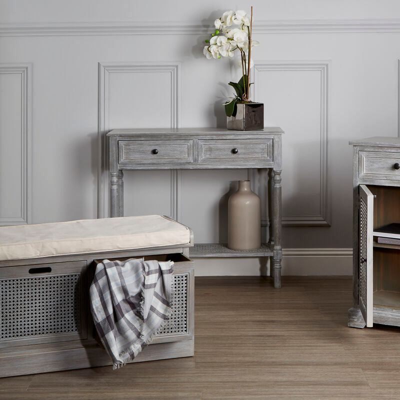 Grey Wash Pine Wood 2 Drawer Rectangular Console Table, Heritage