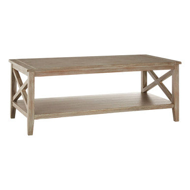 Natural Pine Wood Coffee Table with Open Lower Shelf and Cross Side Detail, Heritage