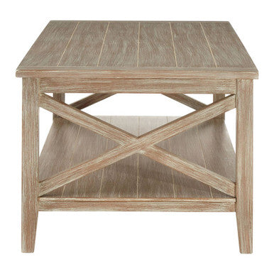 Natural Pine Wood Coffee Table with Open Lower Shelf and Cross Side Detail, Heritage