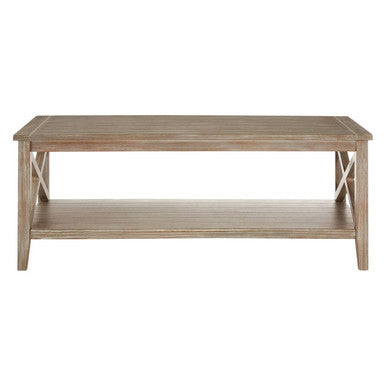 Natural Pine Wood Coffee Table with Open Lower Shelf and Cross Side Detail, Heritage