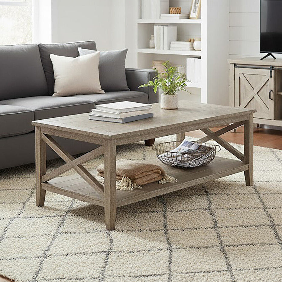 Natural Pine Wood Coffee Table with Open Lower Shelf and Cross Side Detail, Heritage