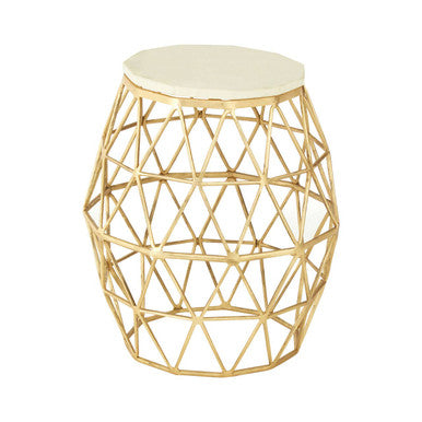 White Marble Top Side Table with Geometric Gold Finish Stone Frame, Templar