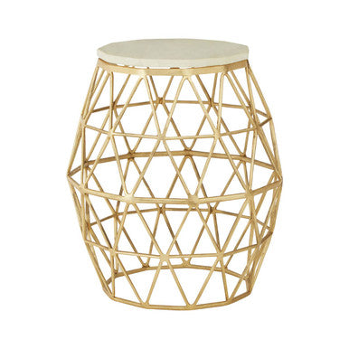 White Marble Top Side Table with Geometric Gold Finish Stone Frame, Templar