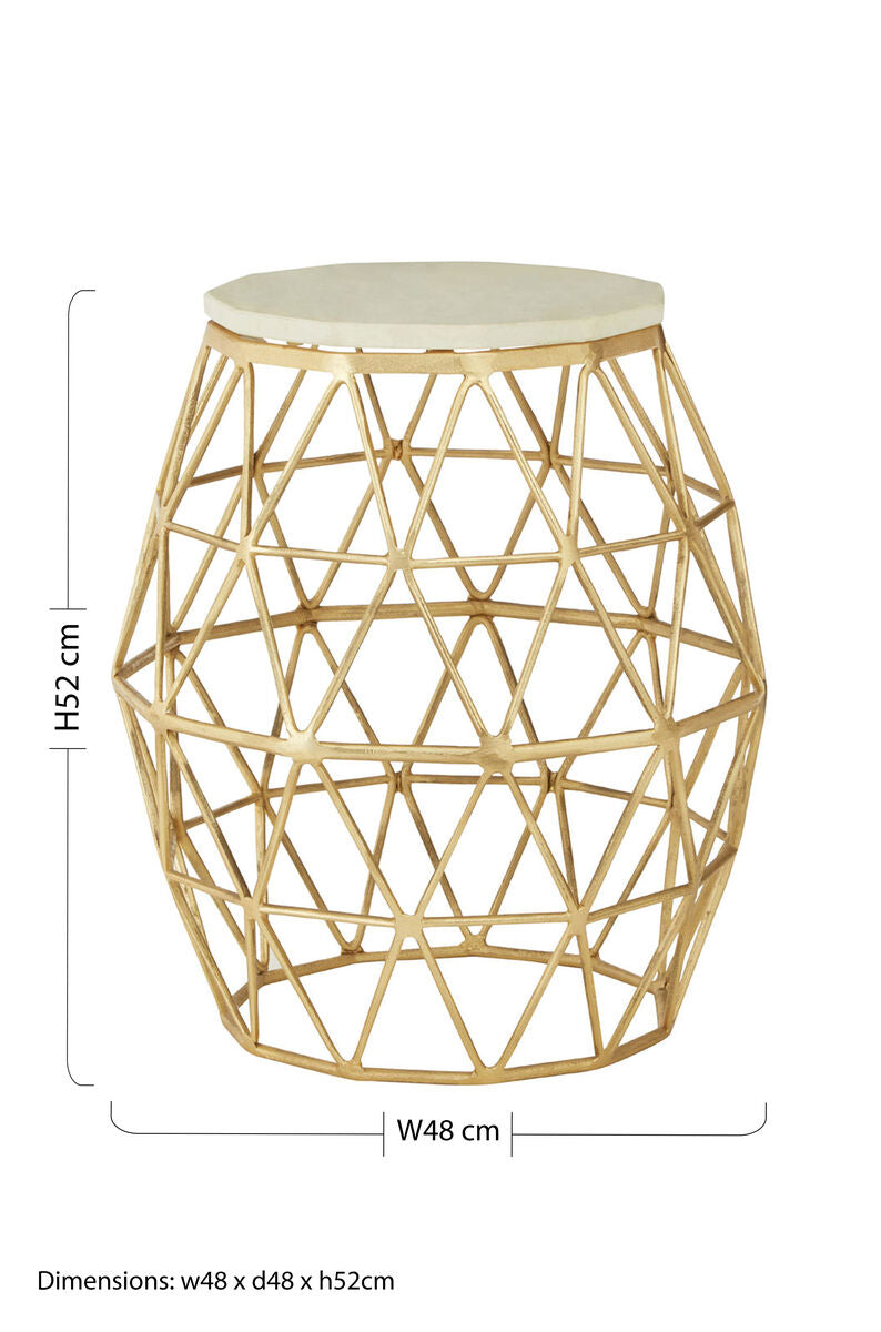 White Marble Top Side Table with Geometric Gold Finish Stone Frame, Templar