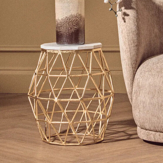 White Marble Top Side Table with Geometric Gold Finish Stone Frame, Templar