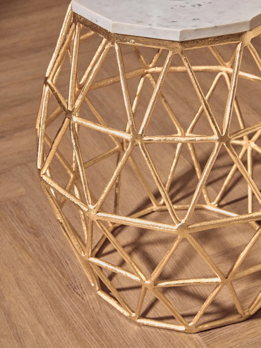 White Marble Top Side Table with Geometric Gold Finish Stone Frame, Templar