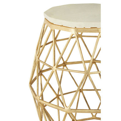 White Marble Top Side Table with Geometric Gold Finish Stone Frame, Templar
