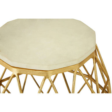 White Marble Top Side Table with Geometric Gold Finish Stone Frame, Templar