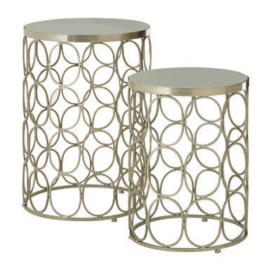 Set of 2 White Marble Top Side Tables with Gold Nickel Finish Metal Base, Templar