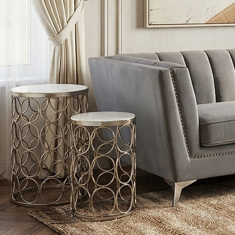 Set of 2 White Marble Top Side Tables with Gold Nickel Finish Metal Base, Templar