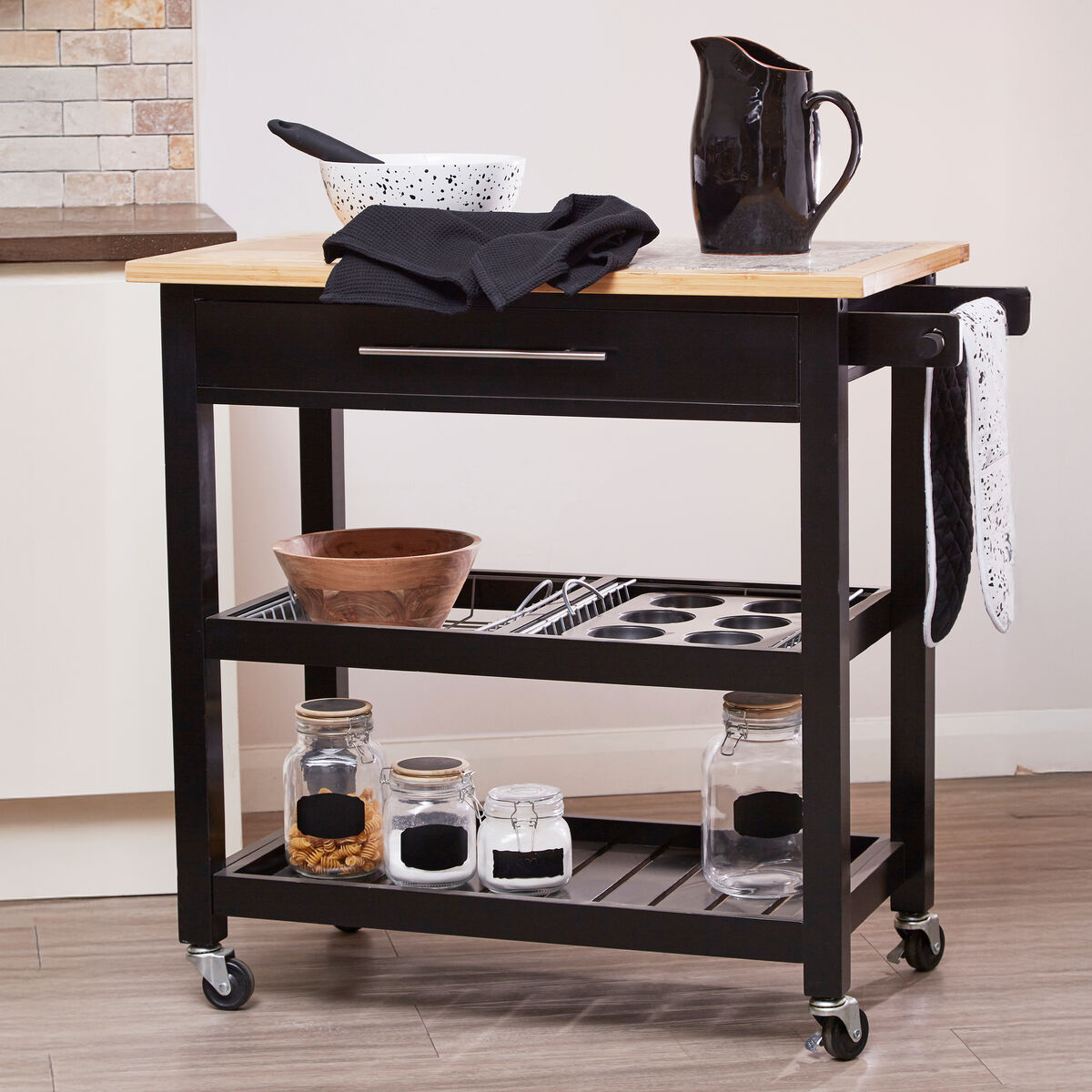 Black Kitchen Trolley with Granite Chopping Surface, Harlow Glenn