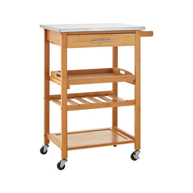 Natural Bamboo One Drawer Kitchen Trolley with Stainless Steel Worktop, Harlow